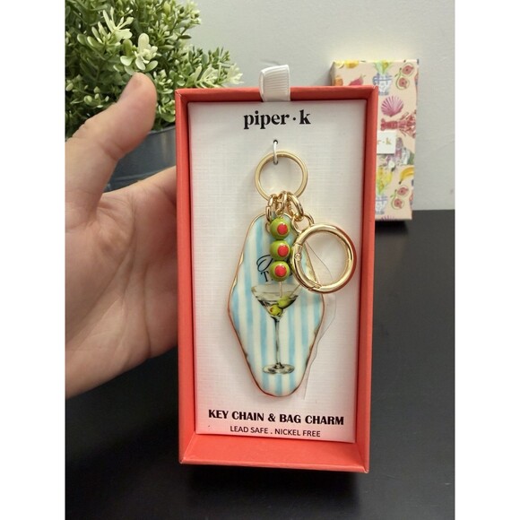 Piper K Tini Time Martini Glass Keychain Bag Charm Blue Stripe Olive Retro NIB - Picture 2 of 10